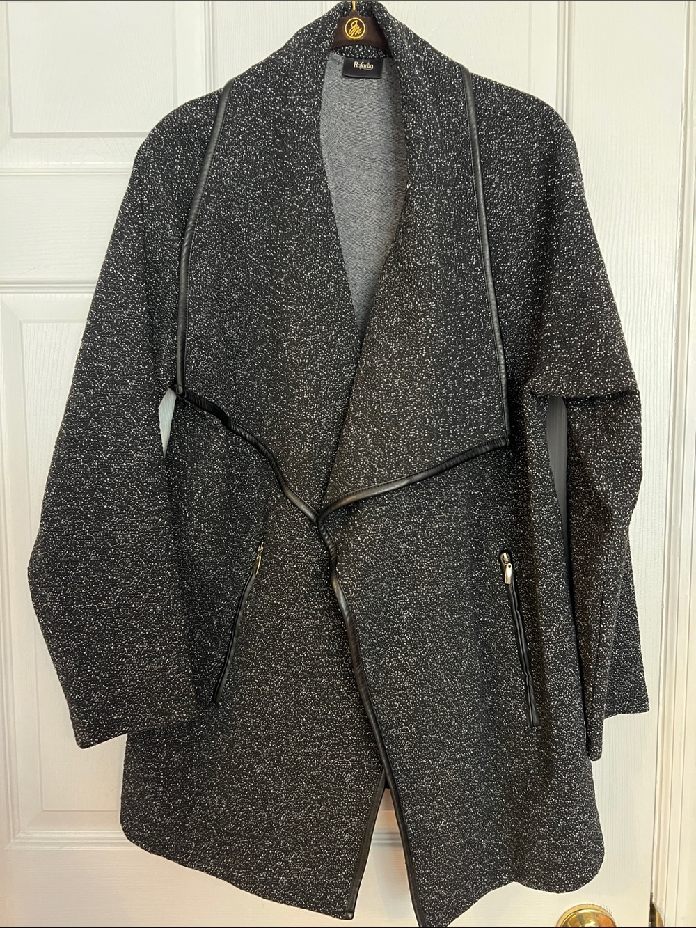 Rafaella Black Speckled Open-Front Coatigan with Faux-Leather Trim NWOT